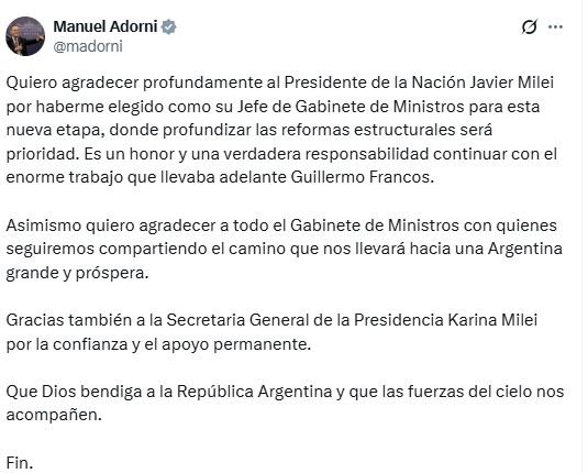 Manuel Adorni asumirá el lunes como nuevo Jefe de Gabinete de Milei y anticipó que “profundizar las reformas estructurales será prioridad” imagen-1