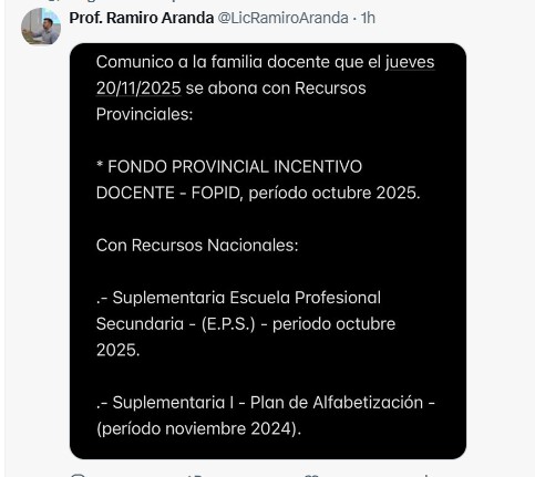 El jueves 20 pagan el Fondo Provincial de Incentivo Docente y otros beneficios para el sector imagen-2