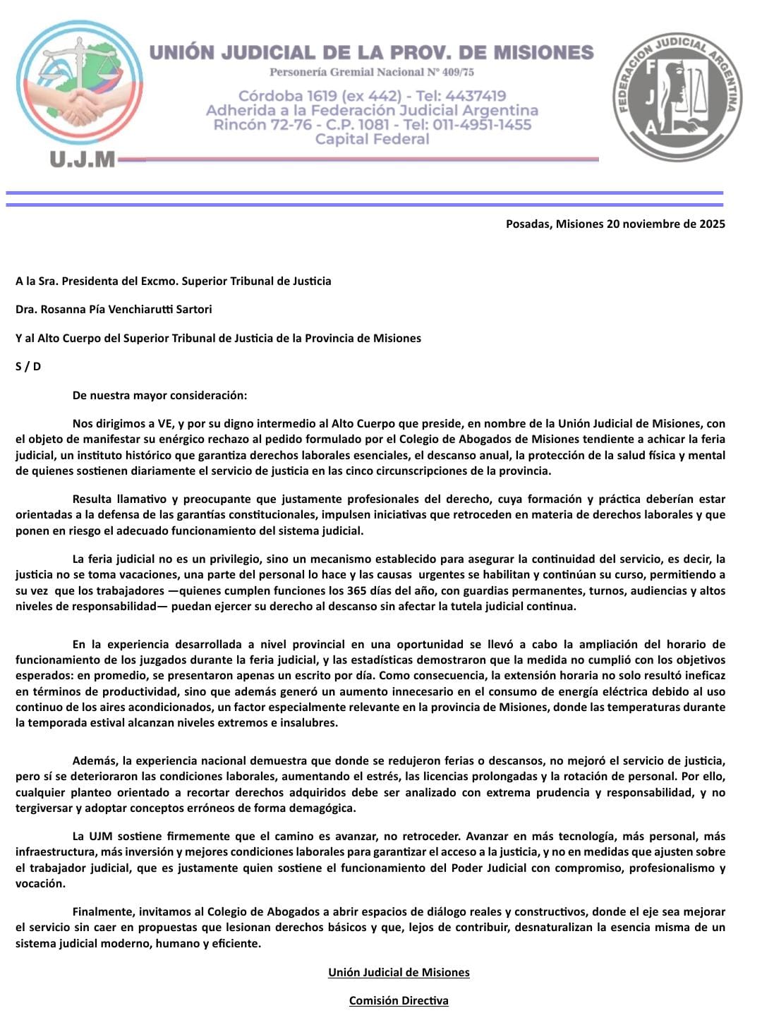 La Unión Judicial de Misiones rechazó el pedido de reducir la feria y advirtió que afectaría derechos laborales y el funcionamiento del sistema judicial 3 La Unión Judicial de Misiones rechazó el pedido de reducir la feria y advirtió que afectaría derechos laborales y el funcionamiento del sistema judicial imagen-2