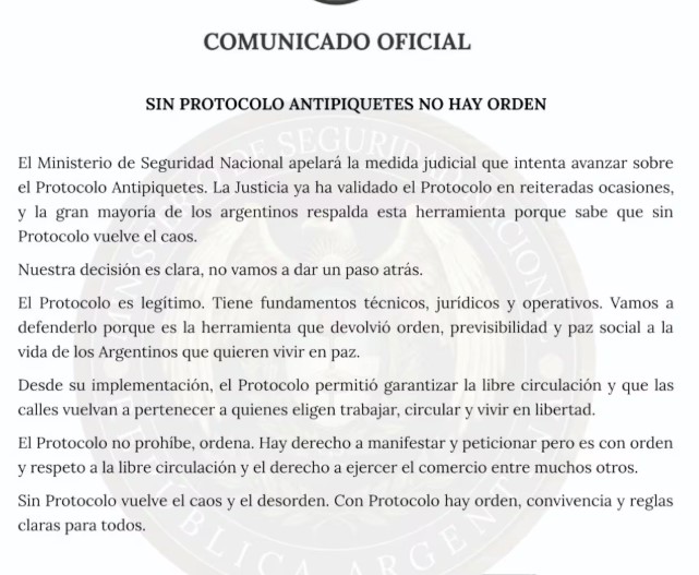 El Gobierno anunció que apelará la decisión de la Justicia de anular el protocolo antipiquetes imagen-2
