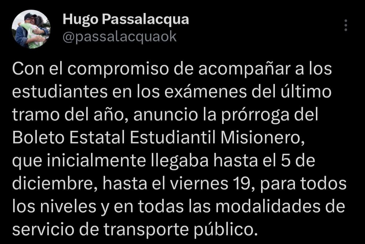 Passalacqua anunció la extensión del Boleto Estatal Estudiantil Misionero hasta el 19 de diciembre 3 Passalacqua anunció la extensión del Boleto Estatal Estudiantil Misionero hasta el 19 de diciembre imagen-2