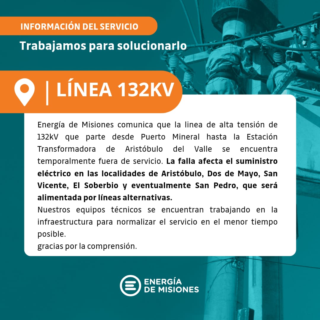 Falla en la línea de alta tensión afecta el servicio eléctrico en Aristóbulo del Valle, Dos de Mayo, San Vicente y El Soberbio imagen-2
