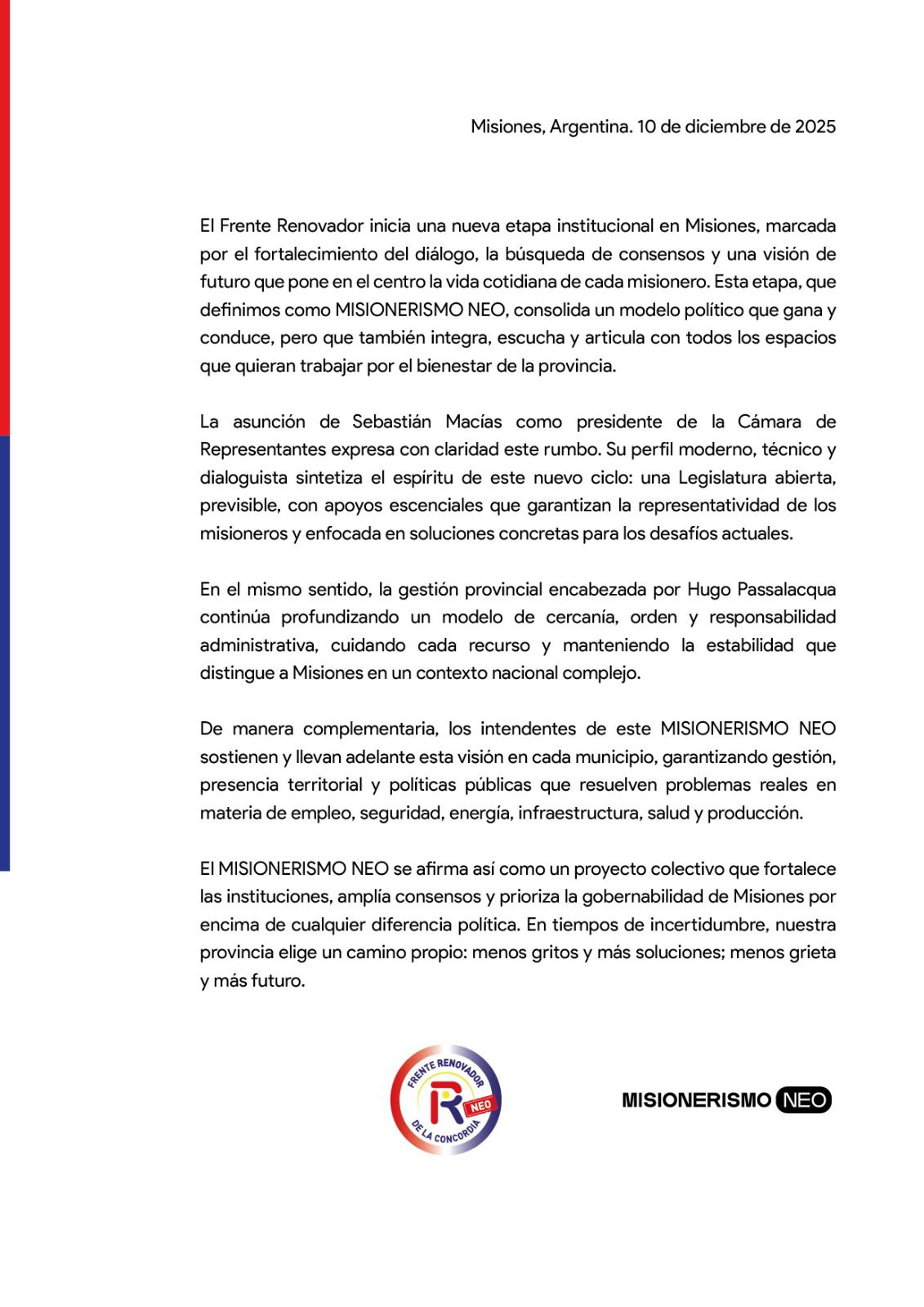 Nuevo ciclo político: el Frente Renovador define su etapa como “Misionerismo Neo” y reivindica diálogo y gobernabilidad 11 Nuevo ciclo político: el Frente Renovador define su etapa como “Misionerismo Neo” y reivindica diálogo y gobernabilidad imagen-10