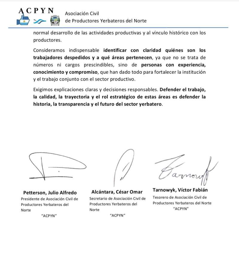 La Asociación Civil de Productores Yerbateros del Norte repudió despidos en el INYM y advirtió impacto en áreas clave del sector yerbatero imagen-4