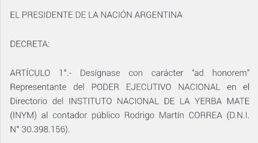 El Gobierno nacional designó al CP Rodrigo Martín Correa como nuevo Presidente del INYM El Gobierno nacional designó al CP Rodrigo Martín Correa como nuevo Presidente del INYM imagen-1