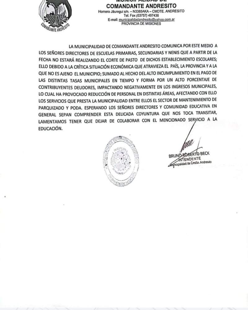 La Municipalidad de Andresito anunció la suspensión del mantenimiento escolar por la falta de pago de tasas municipales imagen-2