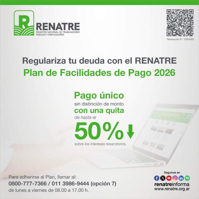 El Renatre lanzó un nuevo Plan de Facilidades de Pago para regularizar deudas de la Seguridad Social El Renatre lanzó un nuevo Plan de Facilidades de Pago para regularizar deudas de la Seguridad Social imagen-8