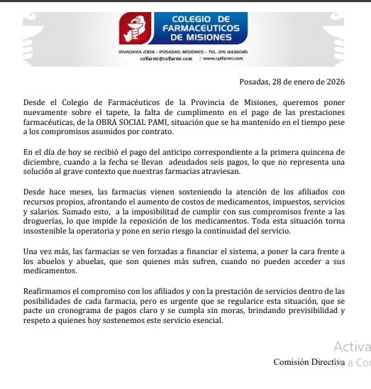 Farmacéuticos de Misiones denuncian incumplimientos de PAMI y alertan por riesgo en la continuidad del servicio imagen-2