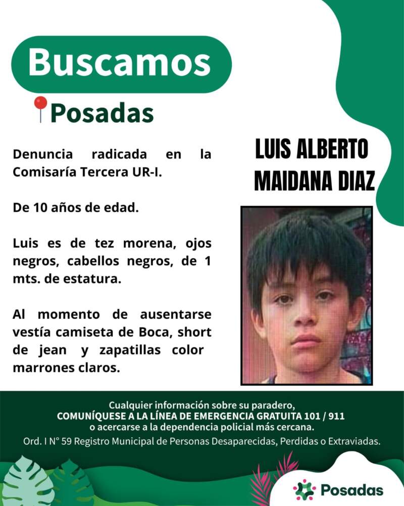 Buscan a un niño de 10 años en Posadas y solicitan colaboración de la comunidad imagen-1