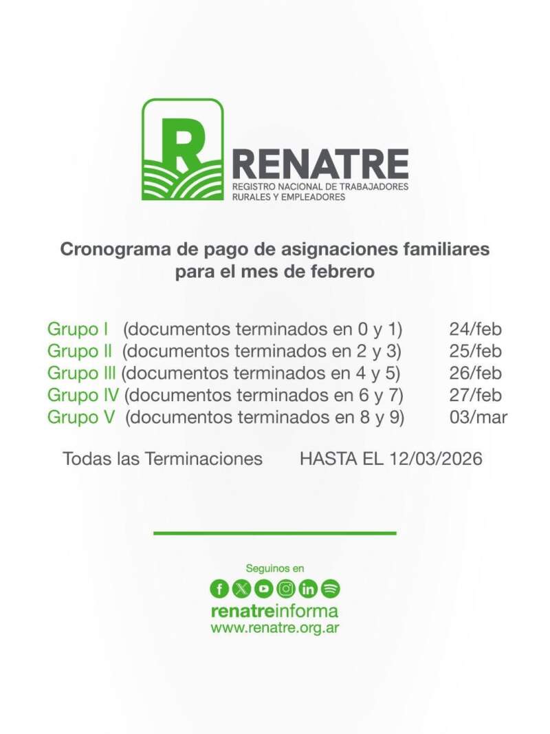 El Renatre Misiones informó el cronograma de pagos febrero 2026 de prestación por desempleo imagen-4