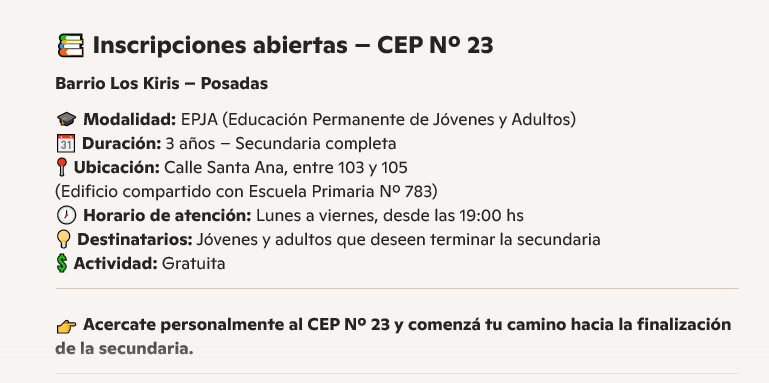 Posadas: inscripciones abiertas en el CEP Nº 23 del barrio Los Kiris imagen-2