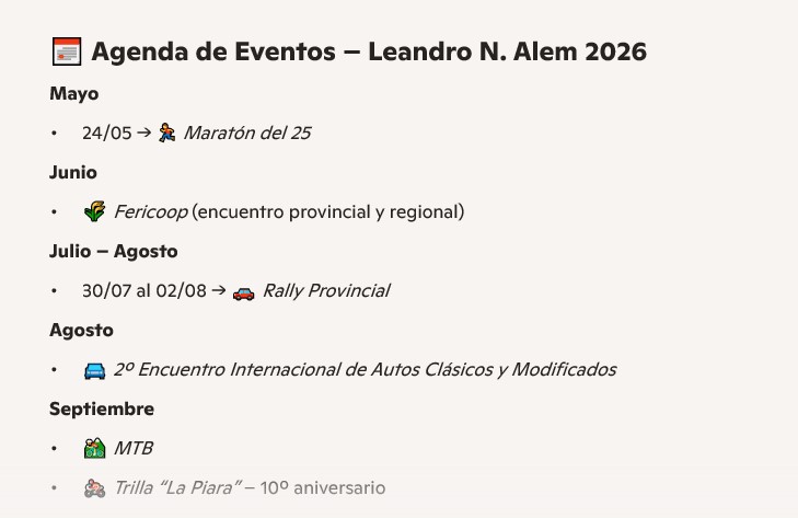 Alem y una atractiva agenda anual de eventos con propuestas deportivas, culturales y turísticas 3 Alem y una atractiva agenda anual de eventos con propuestas deportivas, culturales y turísticas imagen-2