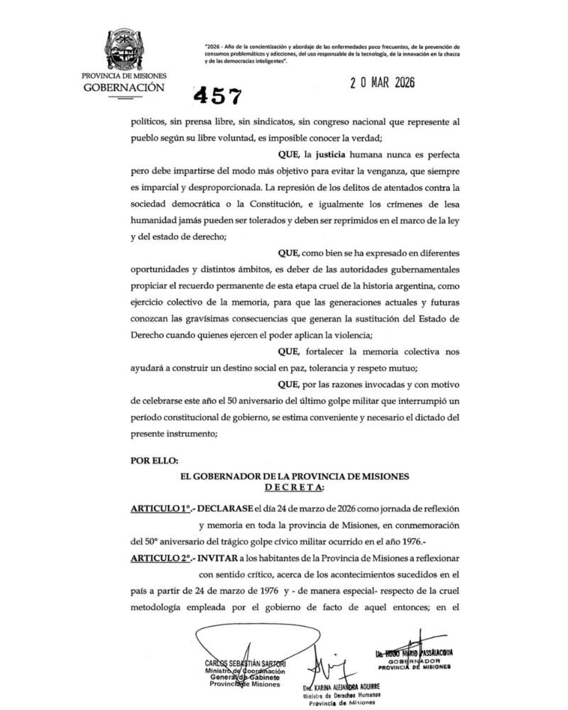 Passalacqua declaró el 24 de marzo como "Jornada de reflexión y memoria" en Misiones 9 Passalacqua declaró el 24 de marzo como "Jornada de reflexión y memoria" en Misiones imagen-8