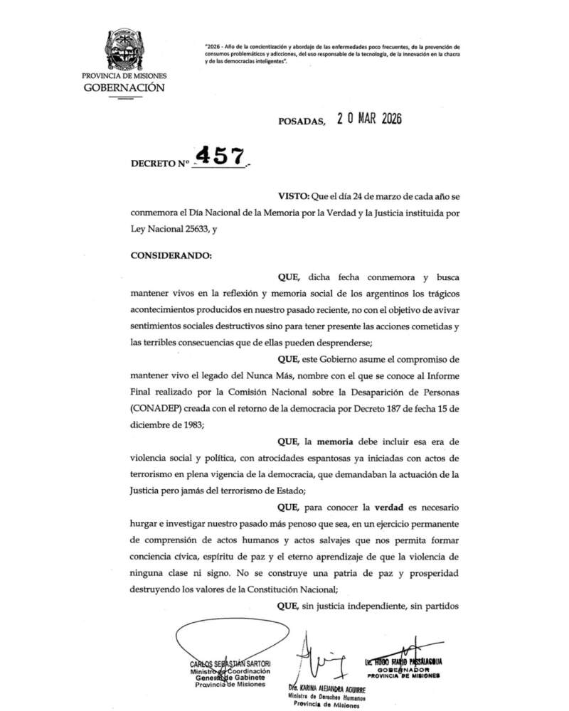 Passalacqua declaró el 24 de marzo como "Jornada de reflexión y memoria" en Misiones 7 Passalacqua declaró el 24 de marzo como "Jornada de reflexión y memoria" en Misiones imagen-6