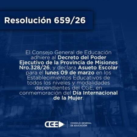 Resolución 659/26 del CGE: Asueto escolar para el lunes 9 por el Día Internacional de la Mujer que se conmemora el domingo 8 imagen-36