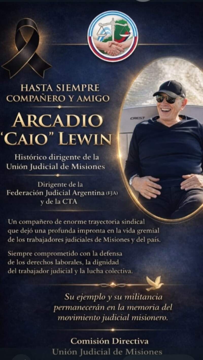 Falleció Arcadio “Caio” Lewin, histórico dirigente del sindicalismo judicial misionero imagen-2