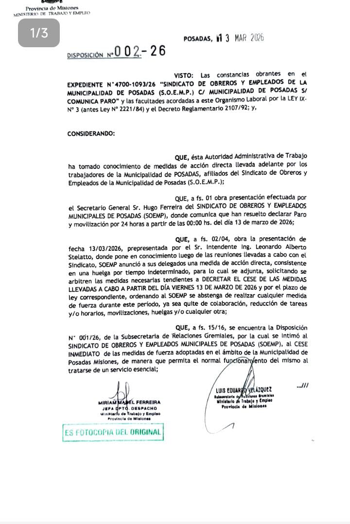 Trabajo dictó la conciliación obligatoria en el conflicto entre el SOEMP y la Municipalidad de Posadas imagen-2