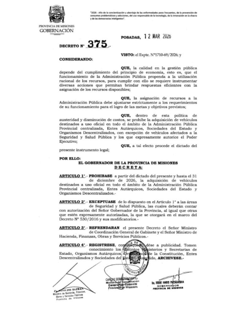 Misiones prohíbe la compra de vehículos oficiales para la Administración Pública provincial, excepciones para Seguridad y Salud imagen-2