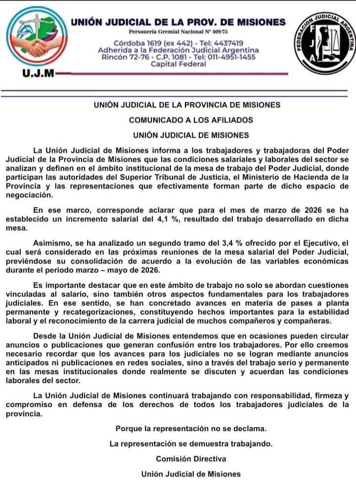 La Unión Judicial de Misiones informó sobre avances salariales y laborales en la mesa institucional imagen-2