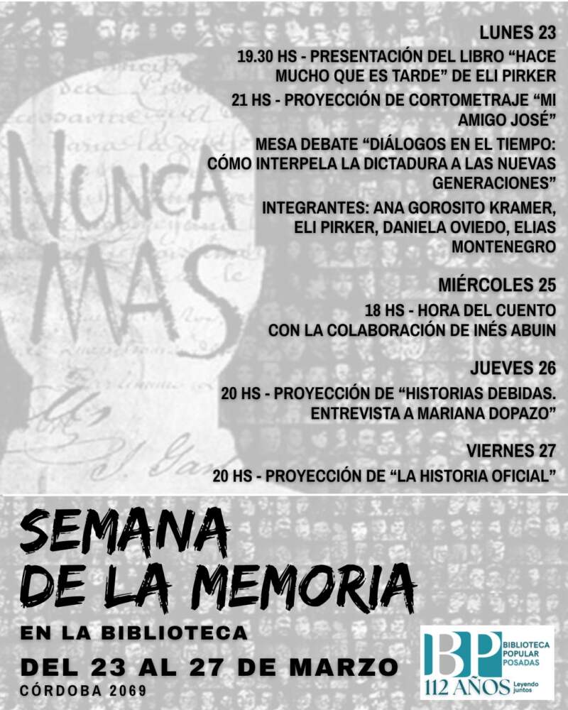 Semana de la Memoria: literatura, cine y debate en la Biblioteca Popular Posadas imagen-2