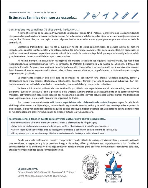 Amenaza cruel en la EPET N° 3 de Oberá: una familia retiró a su hijo del colegio y exige garantías imagen-6