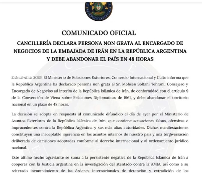 El Gobierno expulsó al principal diplomático de Irán en Argentina y lo declaró persona no grata imagen-2