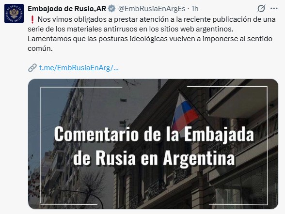 Con un comunicado, la embajada de Rusia rechazó la acusación por una presunta campaña contra Milei imagen-1