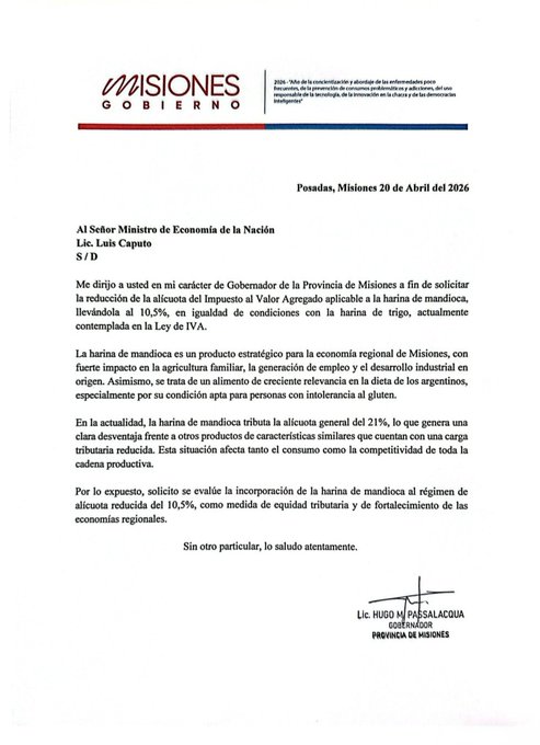 Passalacqua pidió formalmente al ministro Caputo reducir el IVA para la harina de mandioca al 10,5% imagen-2
