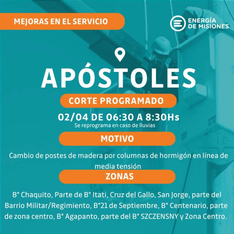 Energía de Misiones realizará cortes programados en distintas zonas de Posadas y Apóstoles para optimizar el servicio eléctrico imagen-3
