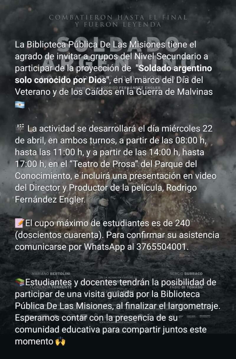 Invitan a la proyección especial de "Soldado argentino, solo conocido por Dios" en el Parque del Conocimiento imagen-4