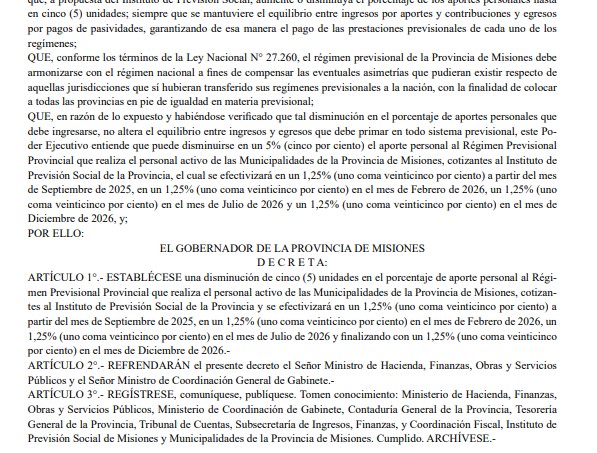 El Gobierno provincial dispuso la reducción progresiva de los aportes personales de empleados municipales al IPS imagen-2