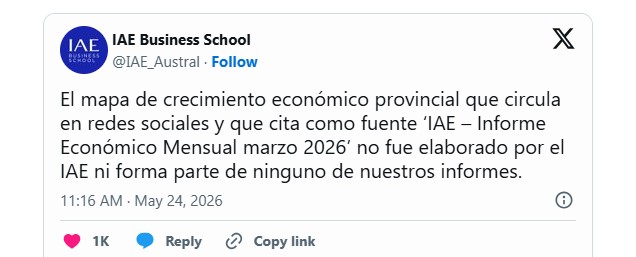 La Universidad Austral denunció que Milei viralizó un mapa trucho sobre el crecimiento económico de las provincias donde, además, no aparecen las Malvinas ni Tucumán imagen-4