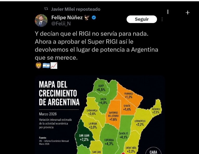 La Universidad Austral denunció que Milei viralizó un mapa trucho sobre el crecimiento económico de las provincias donde, además, no aparecen las Malvinas ni Tucumán imagen-2