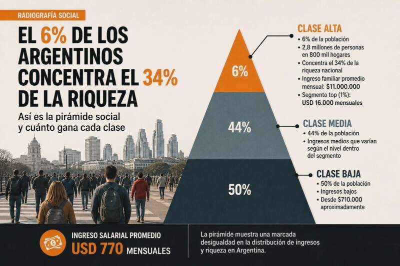 El 6% de los argentinos concentra el 34% de la riqueza: así es la pirámide social con ingresos promedio de USD 770 imagen-2