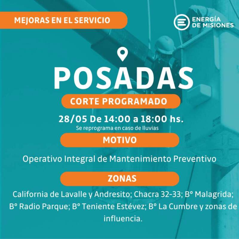 Cortes programados: Energía de Misiones anunció interrupciones del servicio en barrios de Posadas 9 Cortes programados: Energía de Misiones anunció interrupciones del servicio en barrios de Posadas imagen-8
