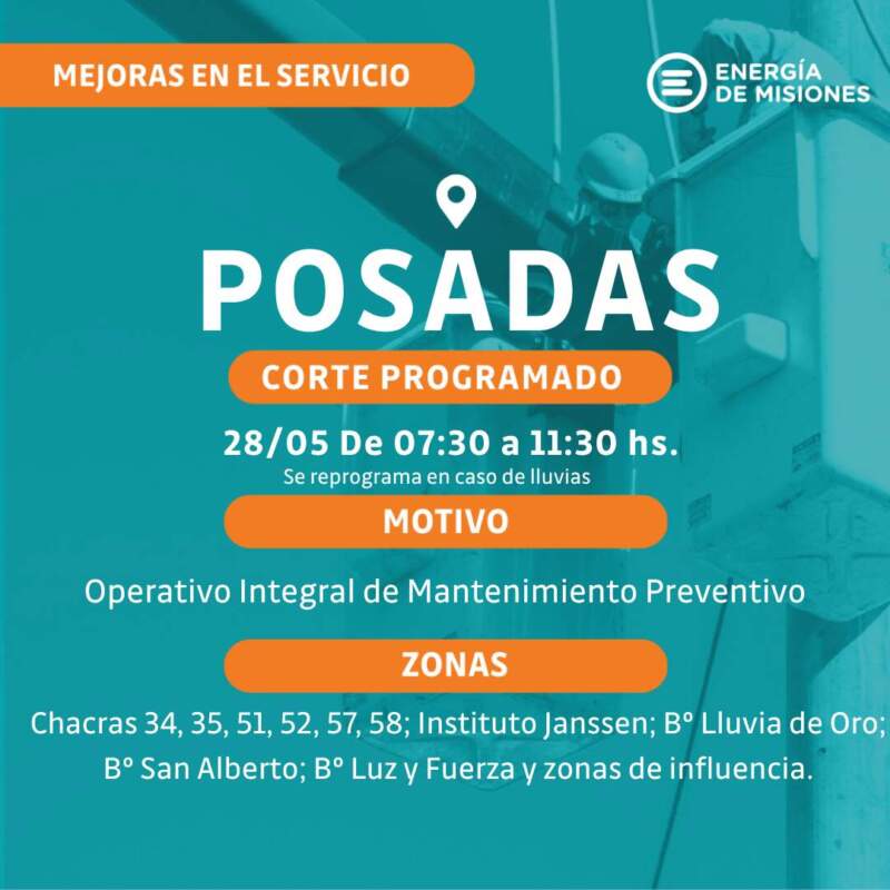 Cortes programados: Energía de Misiones anunció interrupciones del servicio en barrios de Posadas 7 Cortes programados: Energía de Misiones anunció interrupciones del servicio en barrios de Posadas imagen-6
