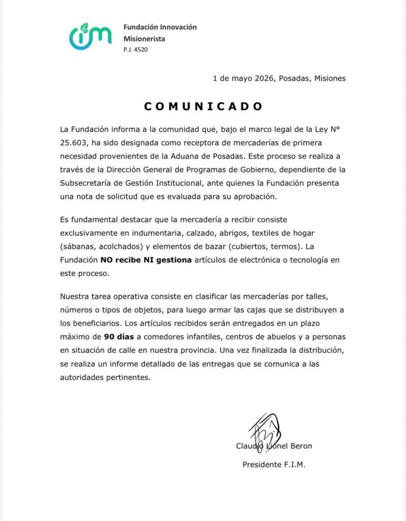 La Fundación Innovación Misionerista salió a aclarar qué tipo de mercadería recibirá de la Aduana imagen-2