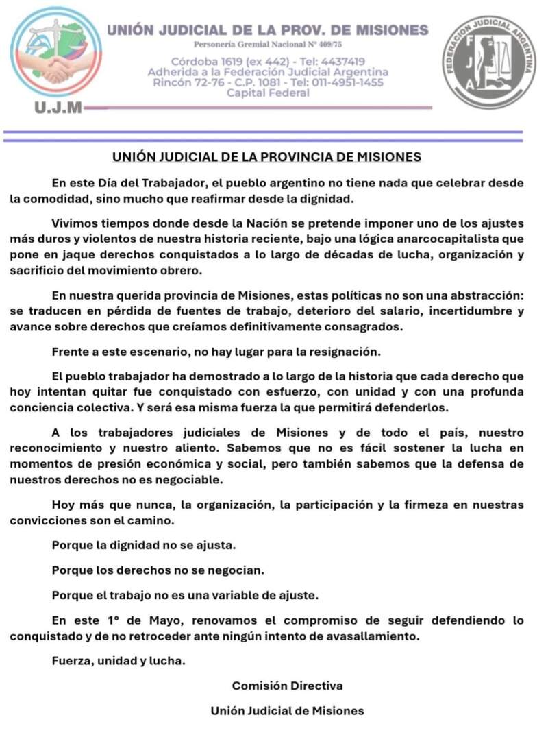 La Unión Judicial de Misiones advirtió que “la dignidad no se ajusta” en el Día del Trabajador imagen-2