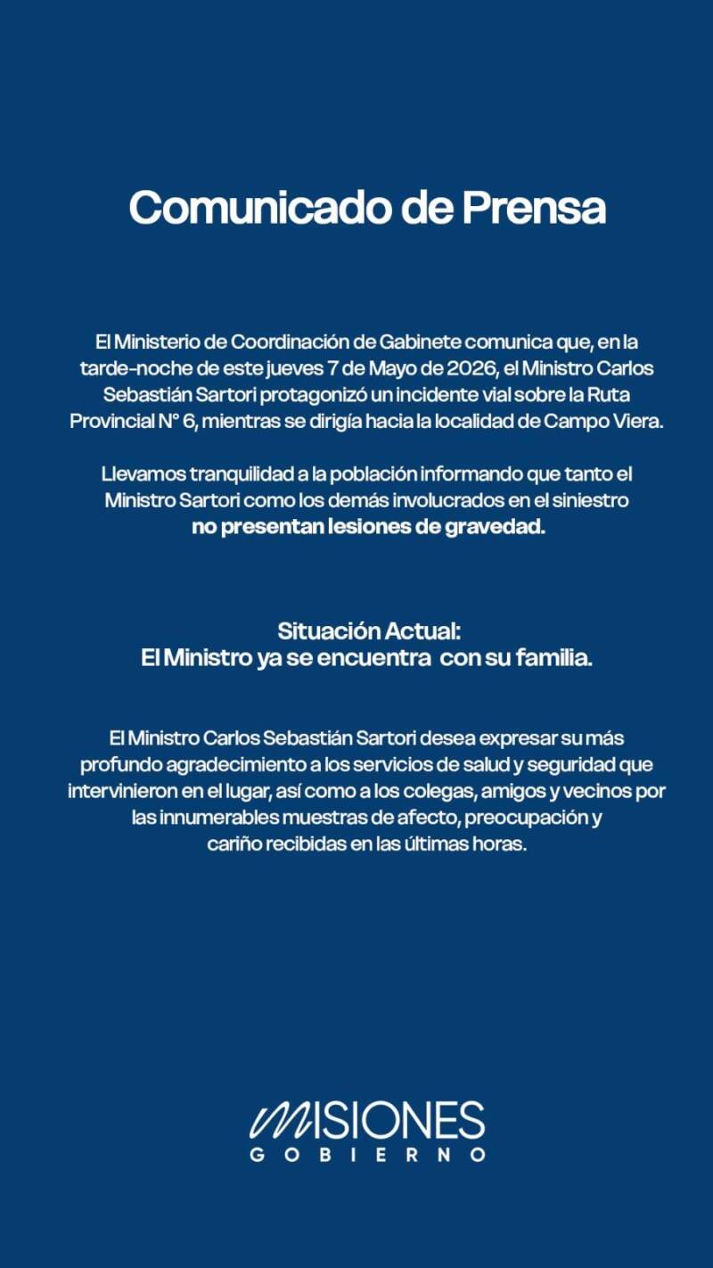 El ministro Carlos Sartori ya se encuentra con su familia tras el incidente vial en la ruta 6 imagen-2