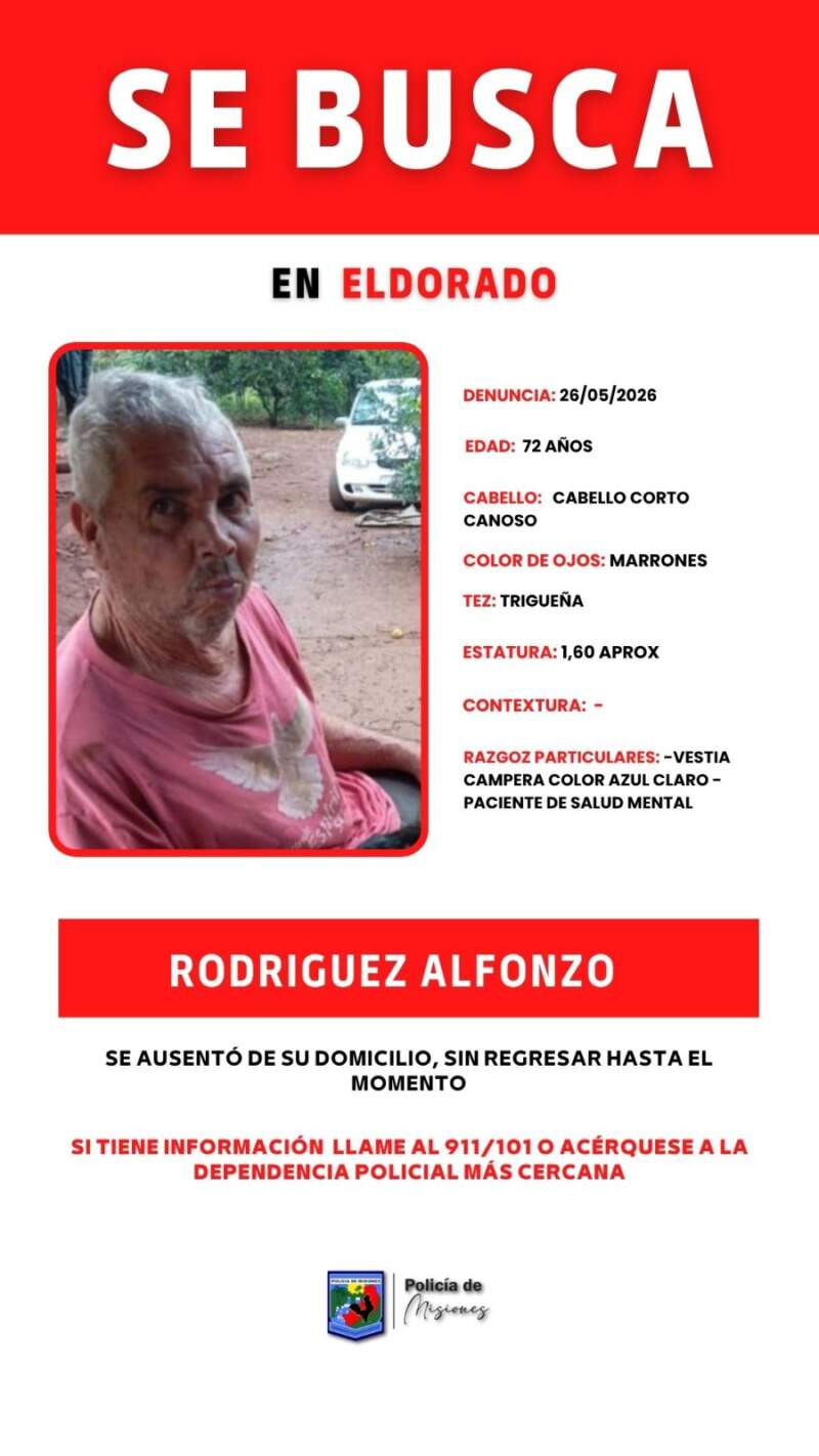 Policías y familiares buscan a un hombre que se ausentó de su domicilio en Eldorado 3 Policías y familiares buscan a un hombre que se ausentó de su domicilio en Eldorado imagen-2