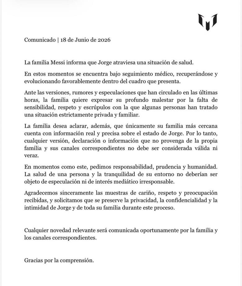 Tras la preocupación generada por los rumores, la familia Messi aclaró el estado de salud de Jorge 2 Tras la preocupación generada por los rumores, la familia Messi aclaró el estado de salud de Jorge imagen-1