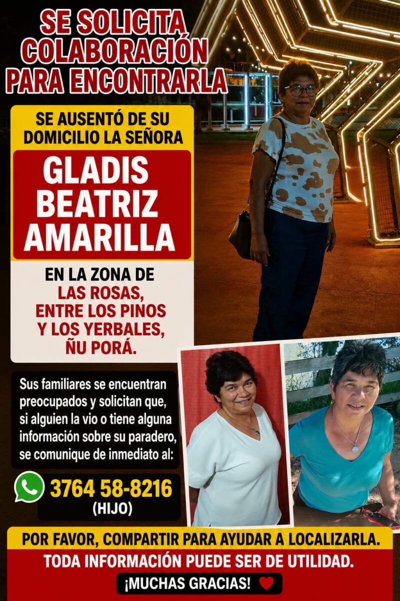 Apareció Gladis Beatriz Amarilla, de Garupá: estaba asustada y con un cuadro de hipotermia 3 Apareció Gladis Beatriz Amarilla, de Garupá: estaba asustada y con un cuadro de hipotermia imagen-2