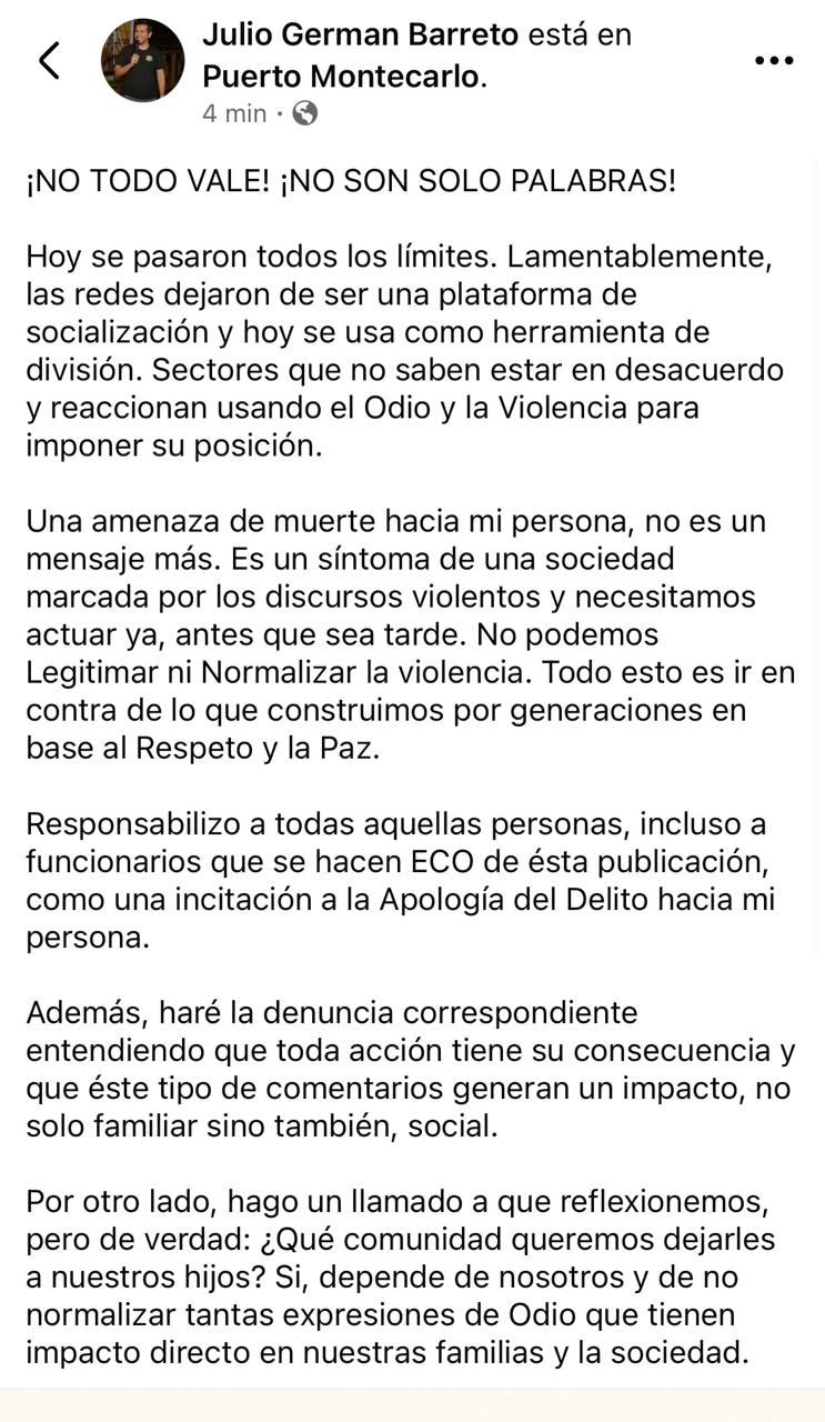 Una concejal de LLA avaló una amenaza contra el hijo del intendente de Montecarlo 3 Una concejal de LLA avaló una amenaza contra el hijo del intendente de Montecarlo imagen-2