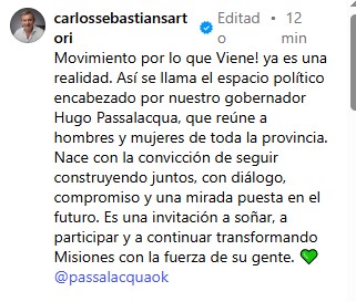 "Movimiento Por lo que Viene": el nuevo espacio político liderado por Hugo Passalacqua 5 "Movimiento Por lo que Viene": el nuevo espacio político liderado por Hugo Passalacqua imagen-4