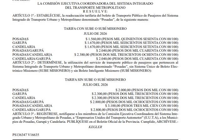 Tarifas de colectivo: el boleto urbano en Posadas cuesta $1.560 con SUBE y $2.000 en efectivo 3 Tarifas de colectivo: el boleto urbano en Posadas cuesta $1.560 con SUBE y $2.000 en efectivo imagen-2