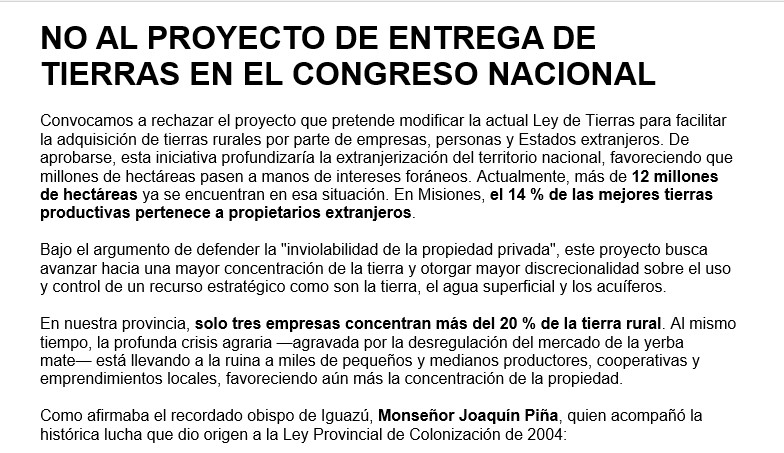 Más organizaciones y partidos políticos de Misiones rechazan el proyecto sobre tierras rurales y exigen a los senadores que voten en contra 5 Más organizaciones y partidos políticos de Misiones rechazan el proyecto sobre tierras rurales y exigen a los senadores que voten en contra imagen-4