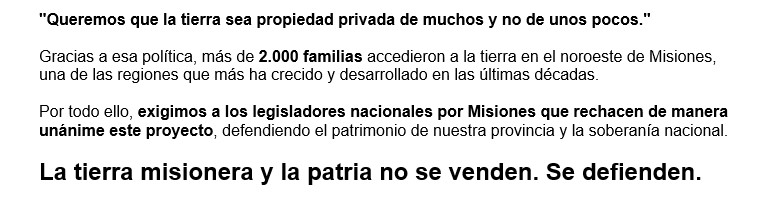 Más organizaciones y partidos políticos de Misiones rechazan el proyecto sobre tierras rurales y exigen a los senadores que voten en contra 7 Más organizaciones y partidos políticos de Misiones rechazan el proyecto sobre tierras rurales y exigen a los senadores que voten en contra imagen-6