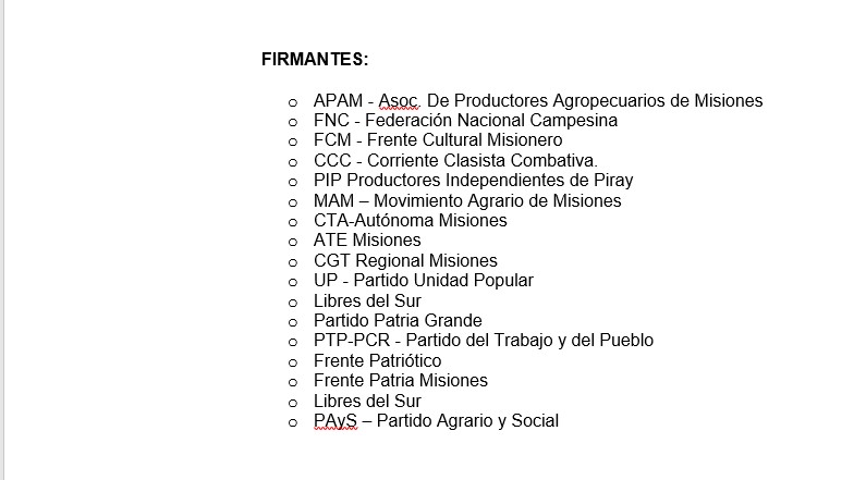 Más organizaciones y partidos políticos de Misiones rechazan el proyecto sobre tierras rurales y exigen a los senadores que voten en contra 9 Más organizaciones y partidos políticos de Misiones rechazan el proyecto sobre tierras rurales y exigen a los senadores que voten en contra imagen-8