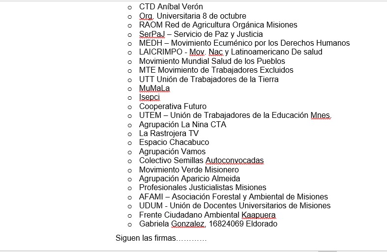 Más organizaciones y partidos políticos de Misiones rechazan el proyecto sobre tierras rurales y exigen a los senadores que voten en contra 11 Más organizaciones y partidos políticos de Misiones rechazan el proyecto sobre tierras rurales y exigen a los senadores que voten en contra imagen-10