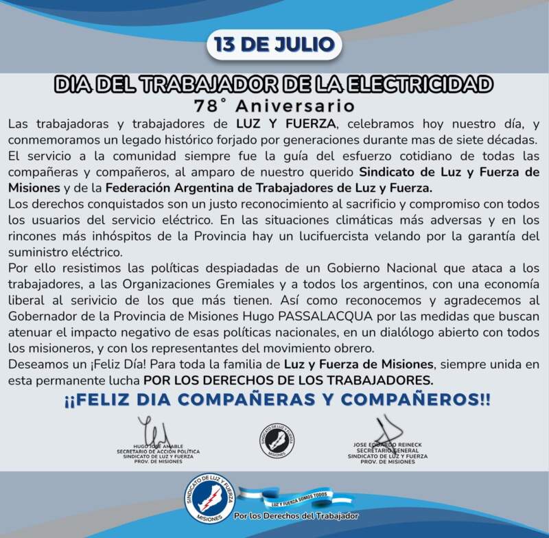 Día del Trabajador de la Electricidad: Luz y Fuerza Misiones reivindicó el rol del sector y cuestionó las políticas nacionales imagen-8